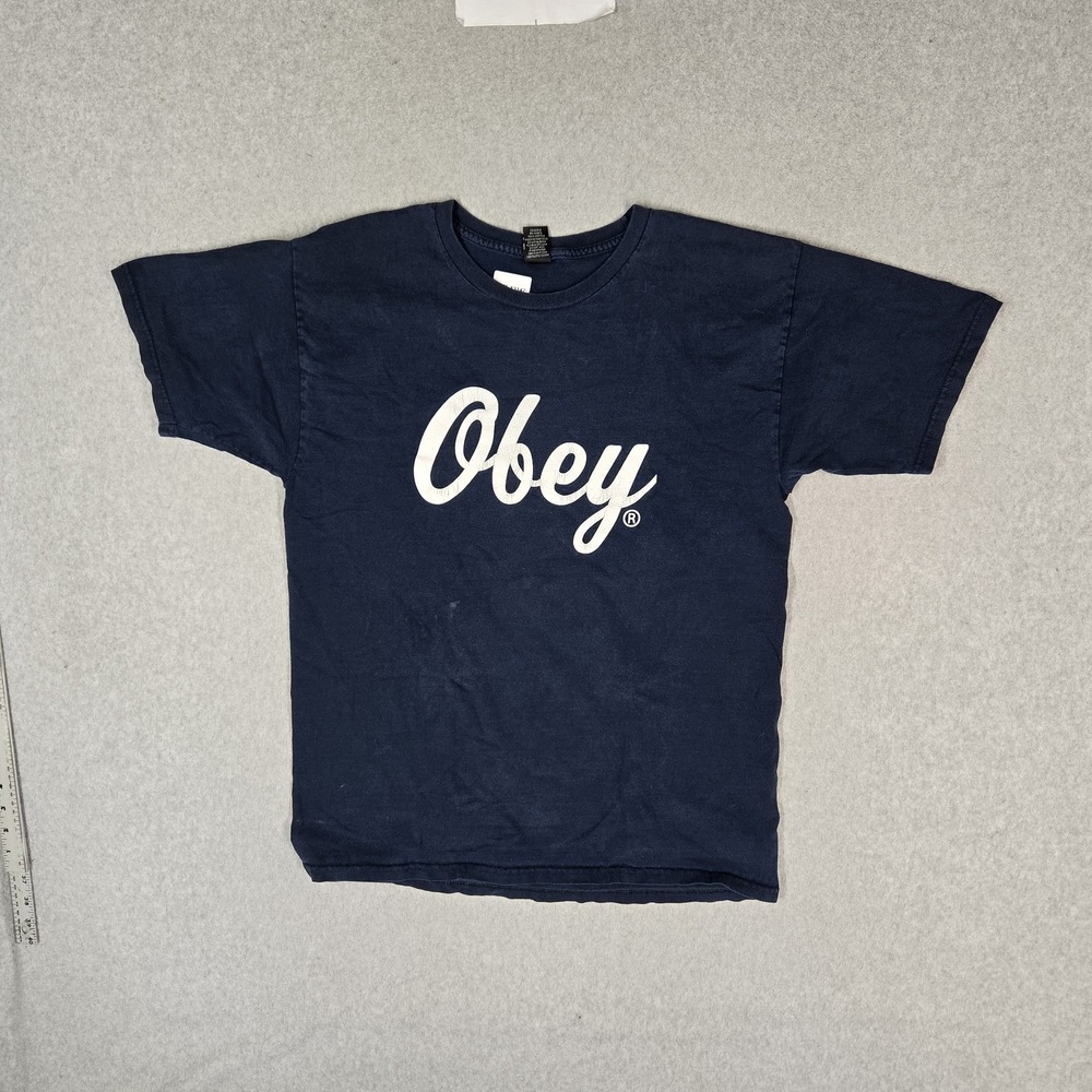 VINTAGE Obey Men Shirt L Navy Graphic Logo Spellout Short Sleeve Y2K Hip Hop